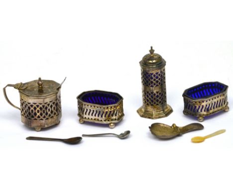 A pair of hallmarked silver pierced and lined salts, Birmingham 1894, a hallmarked silver pepper pot and lidded salt, William