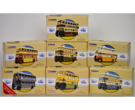 Corgi Classics; seven boxed diecast model buses comprising 97829 'Daimler CW Utility Bus', 97313 'Guy Arab', 97820 'Daimler C