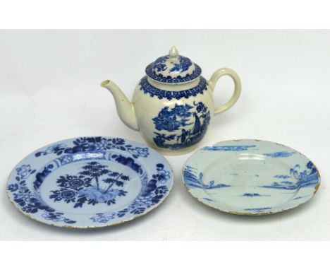 Liverpool; a c1780 Seth Pennington blue and white ovoid teapot, height 14cm, two c1760 Delft plates, one floral-decorated in 