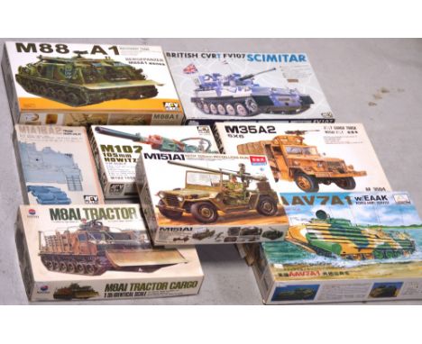 Eight model kits of military tanks and vehicles; Mini Hobby Models 'U.S. AAV7A1 W/EAAK Korean Army Service' no.028, 'M151A1 w