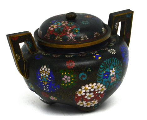 An Oriental cloisonné twin-handled censer with cover, black ground with floral and butterfly motifs, with flower finial, heig