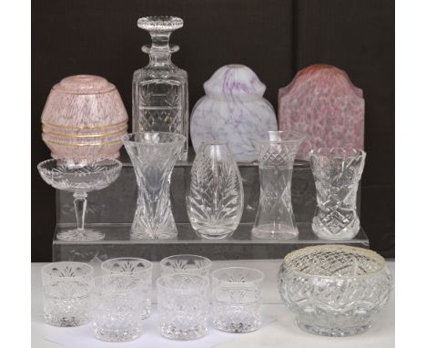 A quantity of cut glass to include a square decanter with a set of six matching tumblers, three 1930s/40s mottled glass lamp 