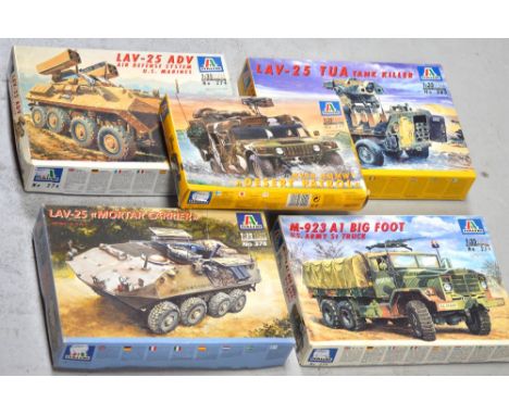 Five Italeri model kits; 'M998 HMMWV Desert Patrol' no.249, 'LAV-25 ADV Air Defence System U.S. Marines' no.274, 'LAV-25 TUA 