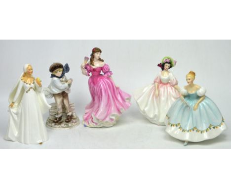 Four Royal Doulton figurines; HN2698 'Sunday Best', HN3975 'Lauren', HN2873 'Bride' and HN2803 'First Dance', also a Coalport