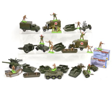 A collection of Corgi, Dinky, Lone-Star and Crescent Toy Co military vehicles, artillery guns, soldiers etc.