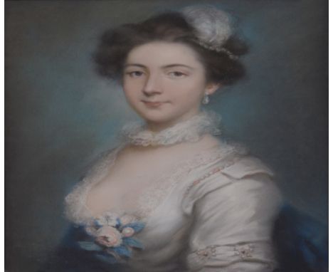 Attributed to JOSEPH HIGHMORE (1692-1780); pastel, an 18th century dark-haired lady in white dress with lace collar, floral c