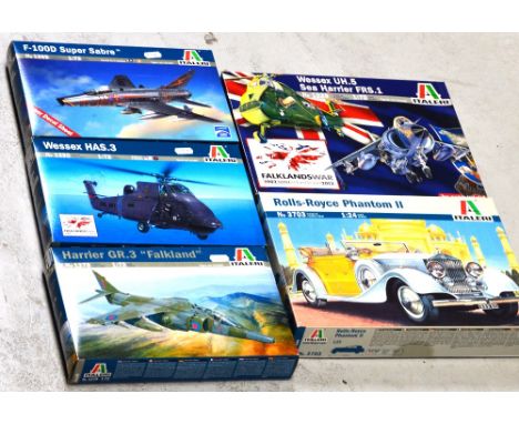 Five Italeri model kits; 'Rolls-Royce Phantom II' no.3703, 1:24 scale (started), 'Harrier GR.3 Falkland' no.1278, 'Wessex HAS