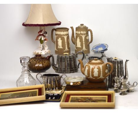 A mixed collectors' lot to include early 20th century Jasperware-style teapot, jug and coffee pot, two prints depicting Don Q