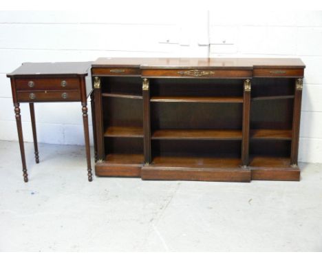 A reproduction mahogany inlaid square side table, two drawers on reeded tapering supports and peg feet, length 53cm and a rep