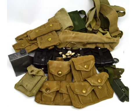 A WWII and later military-issue canvas webbing, together with a leather ammunition belt, holster etc.
