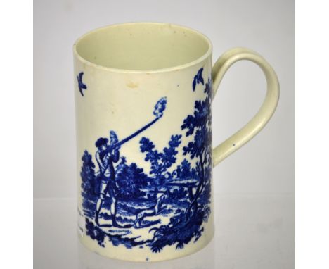 A late 18th century Worcester cylindrical tankard printed with 'Man Holding a Gun' opposite 'Man Shooting Gun' pattern, with 