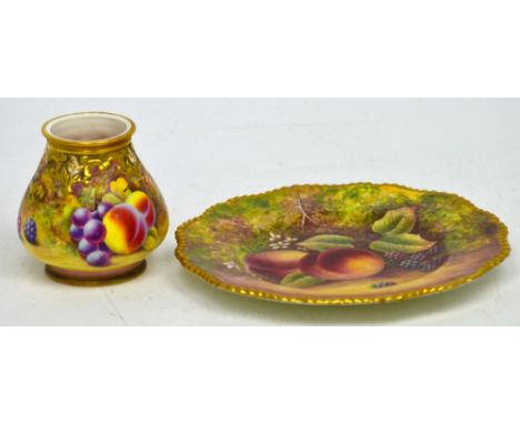 A Royal Worcester squat vase with fruit decoration and a peach and berry decorated cabinet plate, both signed 'J. Skerrett' (