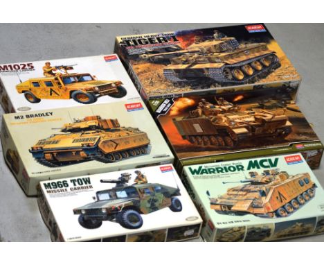 Six Academy military model kits; 'German Heavy Tank Tiger-I Mid-Production Version' no.1387, 'Warrior MCV Iraq 2003' no.13201