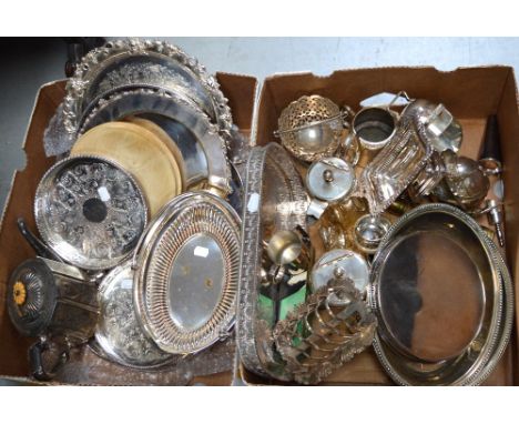 A quantity of plated ware to include various trays, a tea service, bowls, toast rack etc.