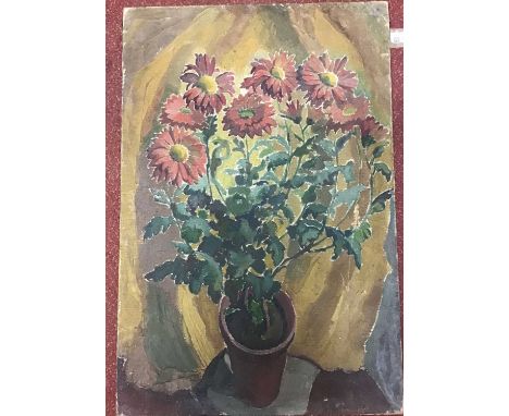 Harry Barr (1896-1987)
Still life – chrysanthemums in a terracotta pot, oil on canvas, 76 x 51cmTear to canvas, centre right 