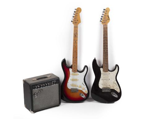 An 'Encore' electric guitar, together with another similar, and a 'Fender' practice amplifier. (3)