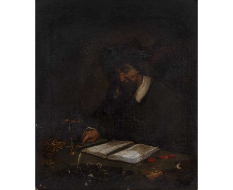 Follower of Rembrandt van Rijn (1606-1669)
Weighing gold, oil on canvas, 51 x 43cmThe canvas has an old paper lining. Extensi
