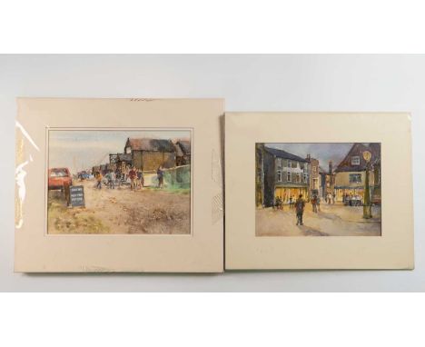 Tony Herbert (1927-2024)
'Buying Fish, Southwold Harbour', signed, watercolour, 25 x 33cm, and four further to include 'Kiosk
