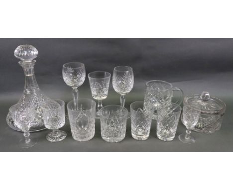 A diamond pattern glass ship's decanter, forty cut pattern drinking glasses in sets and part sets, tankard and jar and cover 