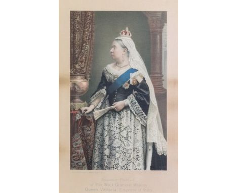 Queen Victoria from a Photograph by Walery, Regent St, on silk, 25.5 x 22cm, a print of The National Thanksgiving in St Pauls