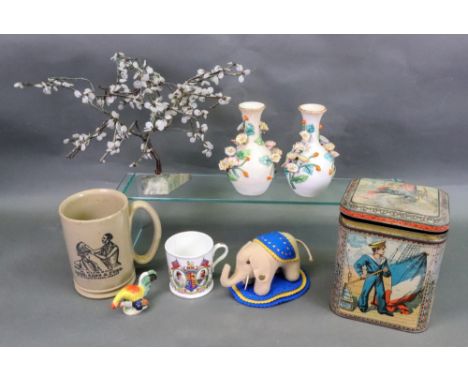A Steiff elephant, 15cm wide, model bonsai tree, Huntley &amp; Palmers lithographed tin, depicting sailors and four other ite