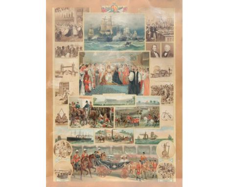 A Victorian coloured print Commemorating events from The Battle of Trafalgar in 1805 - Launch of the 'Oceanic' in 1899, 62 x 