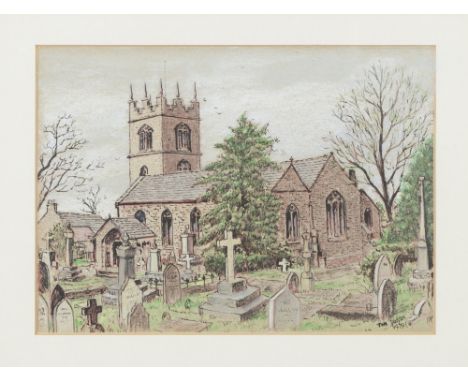 TOM DODSON (1910-1991) MIXED MEDIA ON PAPER Church with grave yard in the foreground, Signed and dated 1979 6" x 8" (15.2cm x