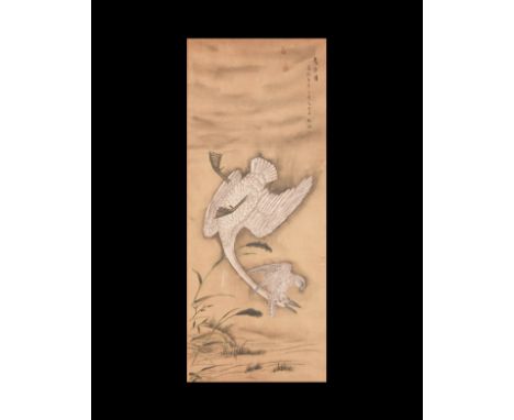 20th century AD. A fabric scroll with applied paper panel, scene of a diving swan with a hawk clutching its head; two columns