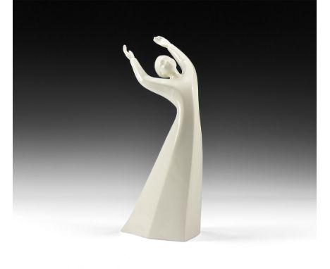 20th century AD. A hollow-formed white-glazed ceramic statuette of a female with arms raised exuberantly; marked to the under
