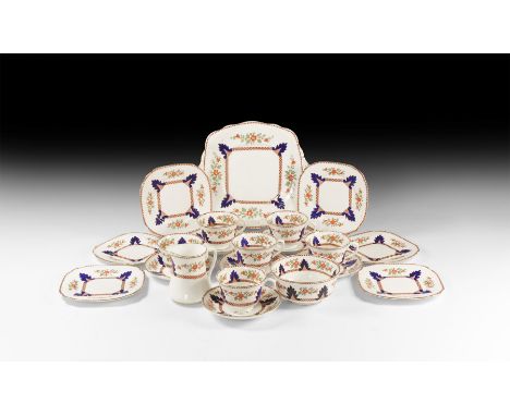 20th century AD. A glazed ceramic tea service comprising six tea plates, six saucers, six tea cups, a sugar bowl, milk jug an