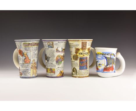 20th century AD. A mixed ceramic group comprising: glazed strap-handled mug with flared body, decorated with themes about Rom