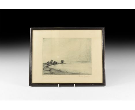 20th century AD. A lithograph in a glazed frame signed by Ernst Zipperer, lake with trees on a headland titled 'Am See bei La