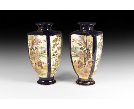 20th century AD. A pair of glazed ceramic vases each with stepped base, square section body, flat shoulder, flared rim; gilt 