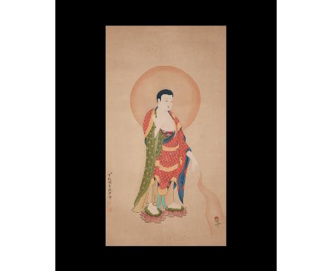 20th century AD. A fabric scroll with applied paper panel, scene of Buddha standing on lotus blossoms; column of calligraphic