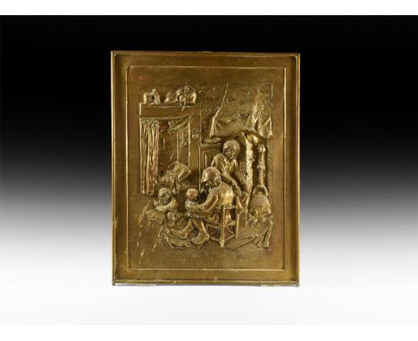 20th century AD. A sheet bronze plaque with repoussé scene of family life in a cottage with father feeding a small child; sig