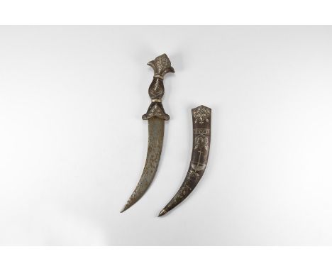 20th century AD. An iron khanjar dagger with inlay to the curved blade, hilt with floral inlay and two silver bands, scabbard