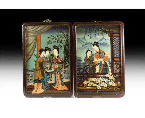 Late 19th-early 20th century AD. A pair of reverse glass paintings each in a lacquered wooden frame with decorative suspensio