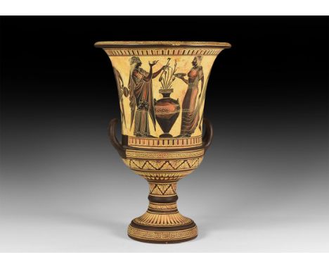 20th century AD. A ceramic krater with flared rim decorated with repeating leaf and meander pattern; to the body a scene with