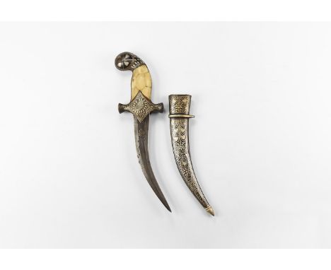 20th century AD. An iron khanjar dagger with inlay to the curved blade, hilt formed with applied bone panels and bulbous pomm