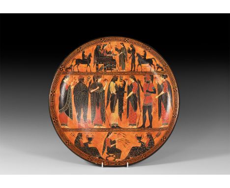 20th century AD. A large ceramic platter with basal ring, painted with frieze of Greek gods and mythical figures in three reg
