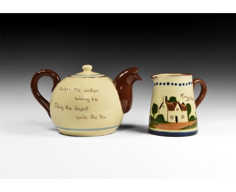 20th century AD. A pair of ceramic creamware vessels comprising: teapot with lid, stylised cottage with legend 'Porlock' and 