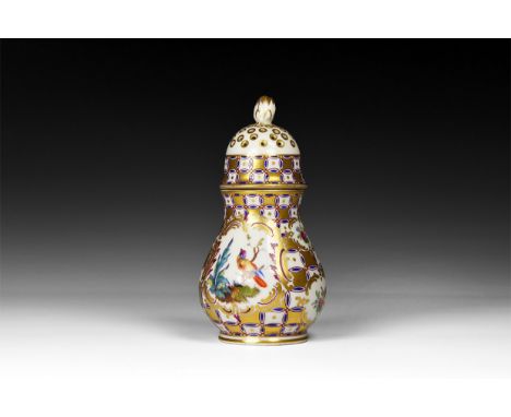 20th century AD. A piriform white-glazed ceramic caster with gilt field, flowers and inset bird vignettes, screw-thread lid w
