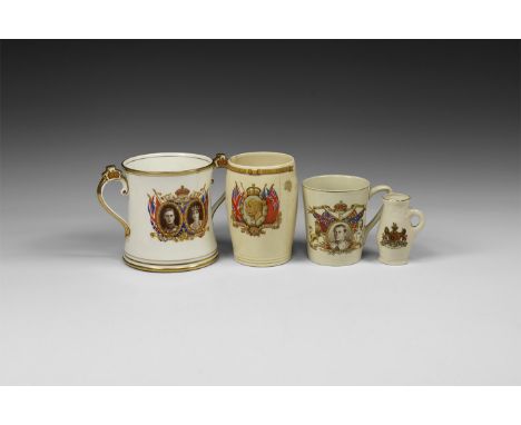 20th century AD. A mixed ceramic group comprising: coronation commemorative two-handled mug for King George VI and Queen Eliz