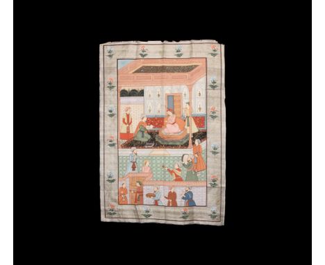 20th century AD. A rectangular painted silk panel depicting a prince in a palace seated on a sedan throne, wearing robes and 