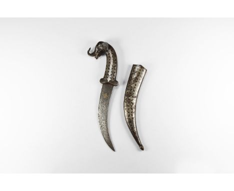 20th century AD. An iron khanjar dagger with inlay to the curved blade, hilt formed as an elephant's head, scabbard with loze