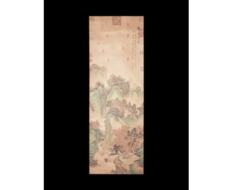 20th century AD. A fabric scroll with applied paper panel, scene of figures among mountains with a waterfall; three columns o