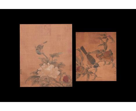 20th century AD. A fabric scroll with two applied paper panels, scenes of birds with fruit and flowers; calligraphic text and