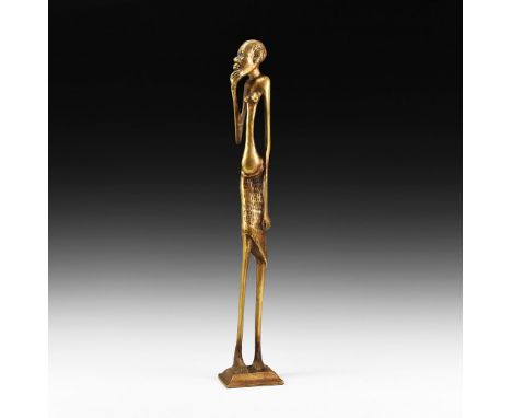 20th century AD. A cast bronze stylized figurine of a woman on a square base, with textured skirt.  1.5 kg, 43.5cm (17"). Pro