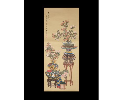 20th century AD. A fabric scroll with applied paper panel, scene of vases and jars on stands with flowers; two columns of cal