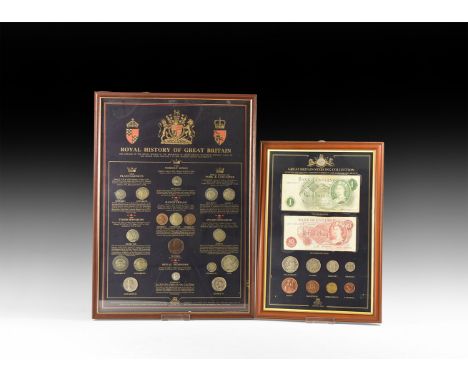 20th century AD. A pair of framed coinage displays comprising: 'Great Britain Sterling Collection' with one pound and ten shi